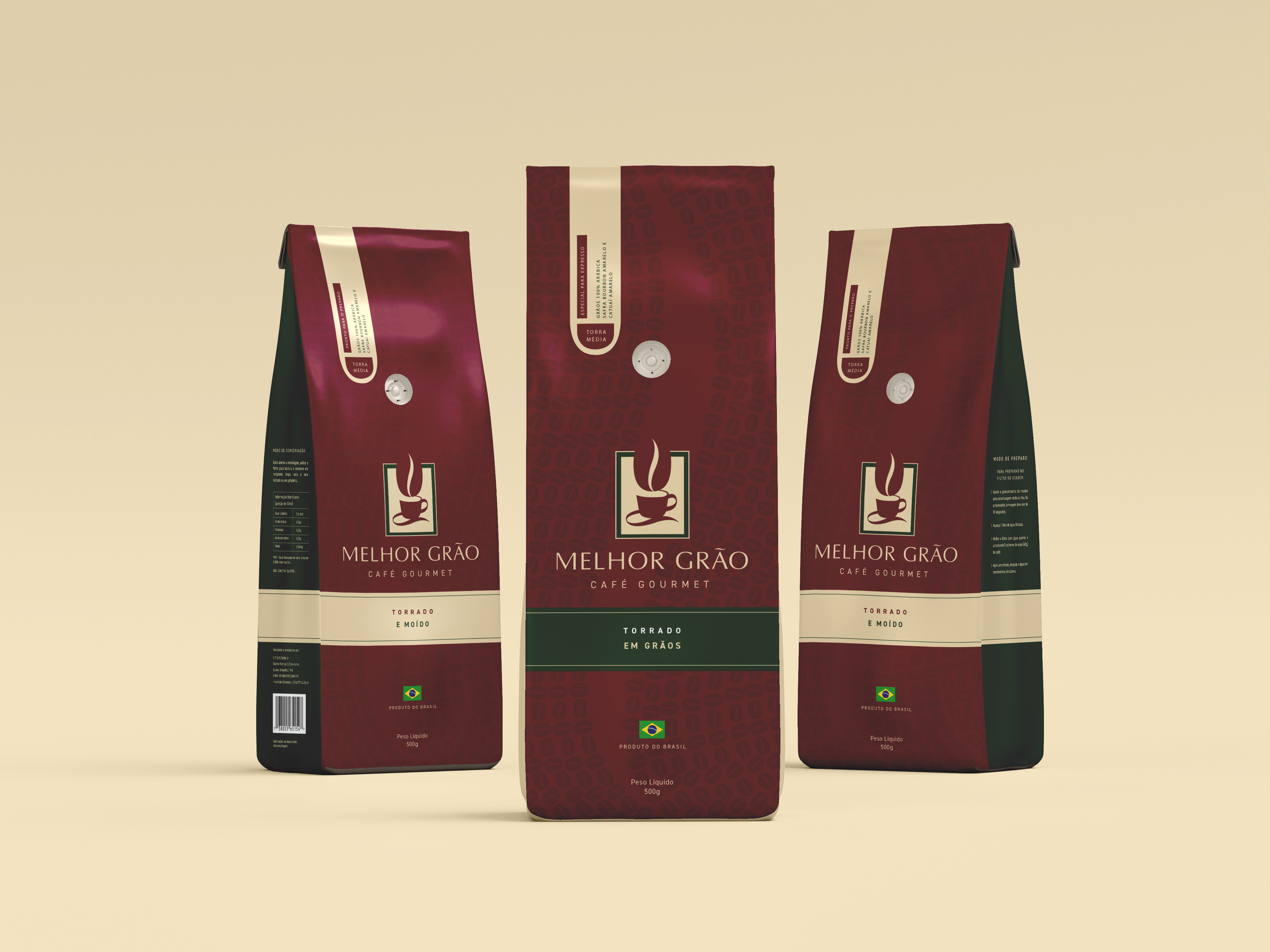 Mockup de embalagens de café gourmet com identidade visual aplicada